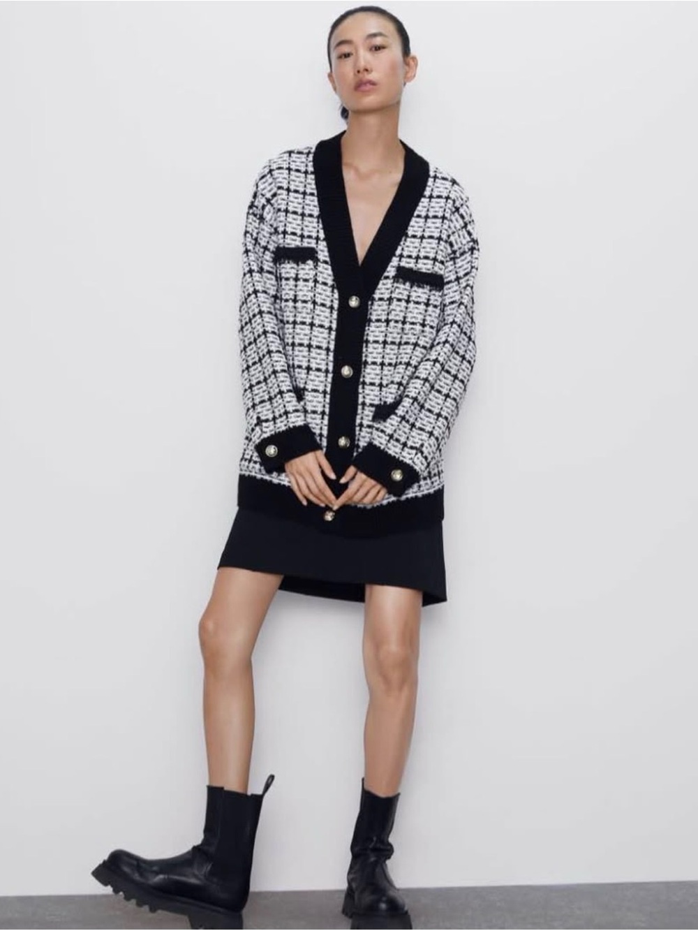 Black & White Tweed V-Neck Cardigan with Contrast Trim
